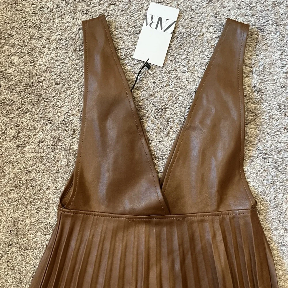 Zara Brown Faux Leather Pleated Strapless Pinafore Dress